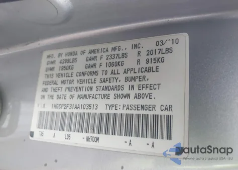 2010 Honda Accord 2.4 Lx z USA, uszkodzony, nr VIN 1HGCP2F31AA103513